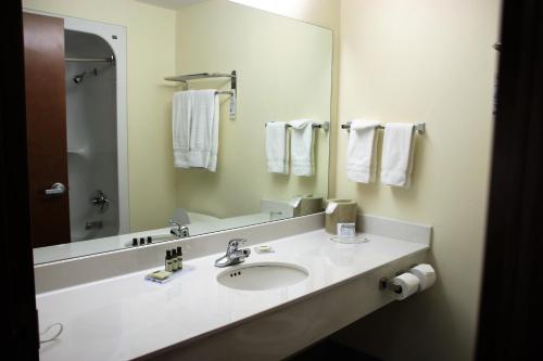 a bathroom with a sink and a mirror and towels at Hawthorn Suites by Wyndham Louisville East in Louisville