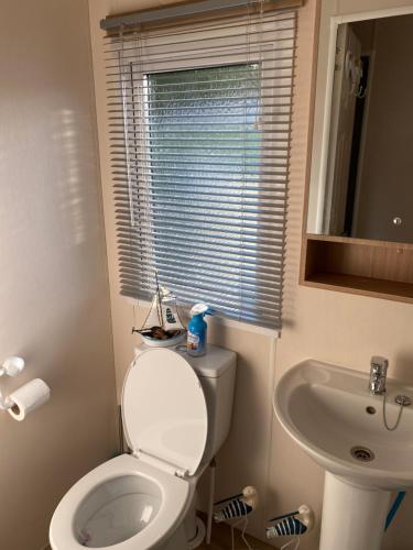 a small bathroom with a toilet and a sink at Nicks, next door to Carmels in Carnforth