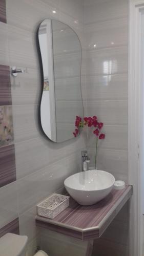a bathroom with a white sink and a mirror at Klimataria Studios in Agios Prokopios
