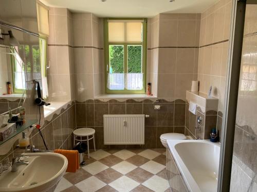 La salle de bains est pourvue d'une baignoire, d'un lavabo et d'une baignoire. dans l'établissement Ferienwohnung am Schloss Rochlitz, à Rochlitz