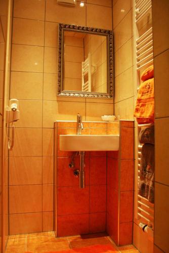 a bathroom with a sink and a mirror at Apartments Landhaus Sonnheim in Lofer