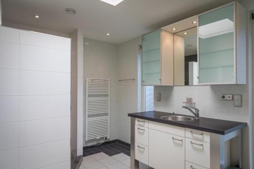 a bathroom with a sink and a mirror at familiewoning Orchismient 24 in De Koog