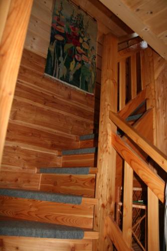 a staircase in a log cabin with wood paneling at Robakówka in Ochotnica Dolna