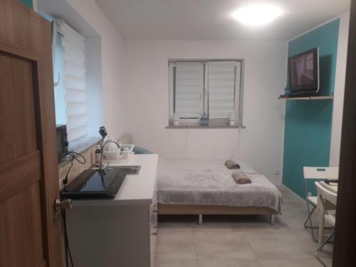 a small room with a bed and a desk in it at Sol De Sopot in Sopot