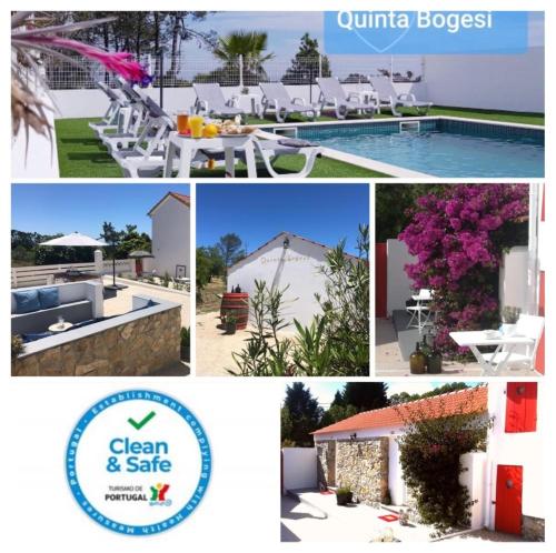 eine Collage mit Bildern eines Pools und eines Spas in der Unterkunft Quinta Bogesi in Figueira da Foz