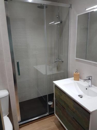 een badkamer met een glazen douche en een wastafel bij Precioso apartamento 3hab en Valencia (Benimaclet) in Valencia