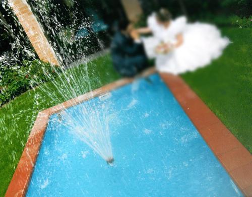 a bride and groom are playing in a fountain at Villa Cavour in Bottanuco