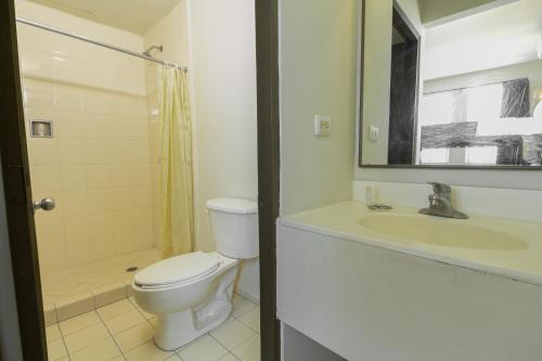 a bathroom with a toilet and a sink and a shower at Hotel Plaza del Arco Express in Monterrey