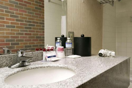 a bathroom counter with a sink and a mirror at Ramada by Wyndham Lethbridge in Lethbridge