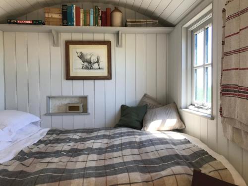 1 dormitorio con cama y estante para libros en Barnham Court Farm en Barnham