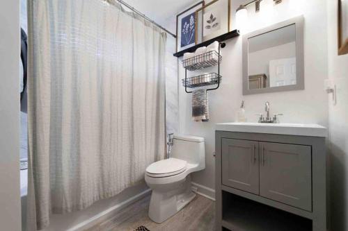 La salle de bains blanche est pourvue de toilettes et d'un lavabo. dans l'établissement Charming Cottage for Pets, Family and Work, à Atlanta