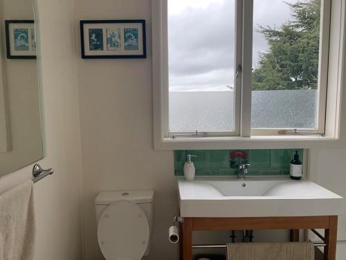 baño con lavabo y ventana en Kiwi Heritage Homestay, en Auckland