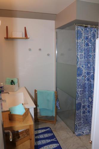 a bathroom with a glass shower and a sink at Le studio de Manoline in Bourges