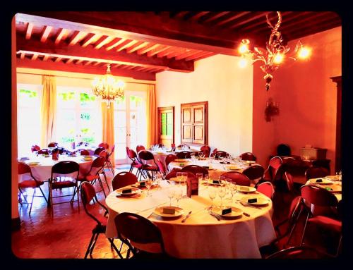 a large room with tables and chairs and a chandelier at Villa Theresa à 25 min de PAIRI DAIZA in Soignies