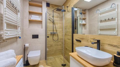 een badkamer met een douche, een wastafel en een toilet bij Apartament 41 Holiday Mountain Residence - 5D Apartamenty in Świeradów-Zdrój