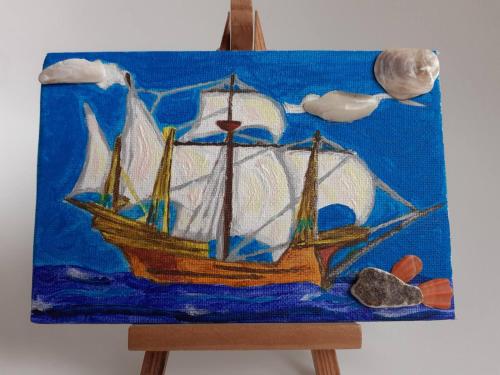 a painting of a sail boat on the water at Amour bleu - Синя Лю-Бо-В in Sinemorets