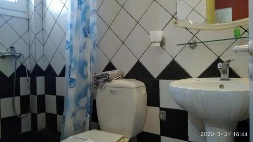 La salle de bains est pourvue de toilettes et d'un lavabo. dans l'établissement Palatino, à Loutra Edipsou
