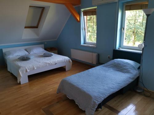 niebieski pokój z 2 łóżkami i 2 oknami w obiekcie Vetrovi šumijo I w mieście Kapele