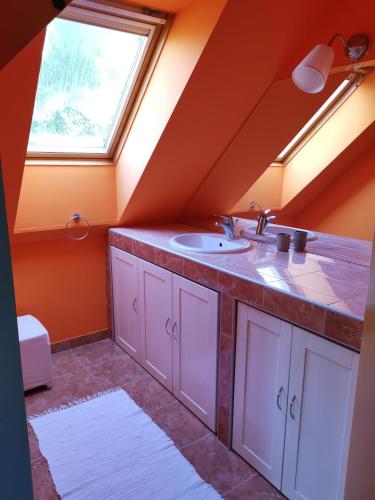 a bathroom with a sink and a window at Vetrovi šumijo I in Kapele
