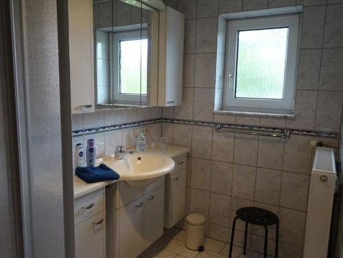 a bathroom with a sink and a mirror at Ferienwohnung Groß in Blaubeuren