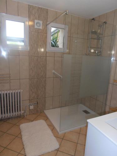 une salle de bain avec une douche avec une porte vitrée dans l'établissement Gîte des Corneilles, à Maubert-Fontaine