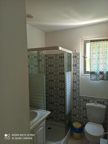 une salle de bain avec une douche, des toilettes et un lavabo dans l'établissement mas des pins, à Saint-Cyprien