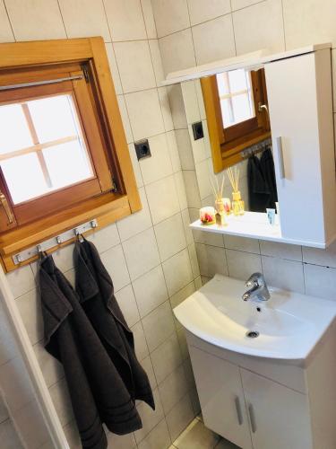 a bathroom with a sink and a mirror at Holiday Cottage Krishtan in Podčetrtek