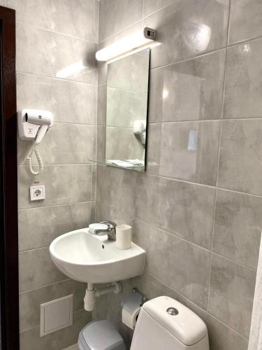 a bathroom with a sink and a toilet and a mirror at Guest House SOTNI in Kyiv