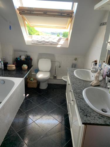 a bathroom with two sinks and a toilet and a skylight at Maison privée in Kingersheim