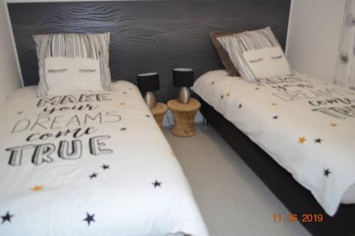 two twin beds sitting next to each other in a room at L Hibiscus in Jonzac