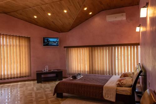 um quarto com uma cama e uma televisão na parede em Гостевой дом Лазурный em Zatoka