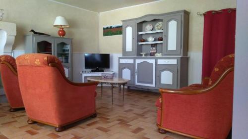 a living room with two chairs and a tv at maison de campagne in Cour-Cheverny