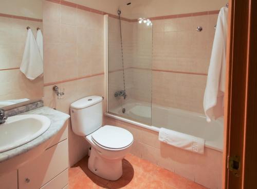 a bathroom with a toilet and a sink and a shower at Apartamentos Rurales Altuzarra in Ezcaray