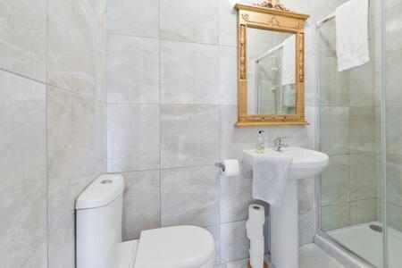 a white bathroom with a toilet and a sink at Ash House Bed and Breakfast in Calverstown