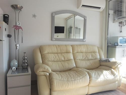 un salon avec un canapé et un miroir dans l'établissement Port Soleil Naturiste, au Cap d'Agde