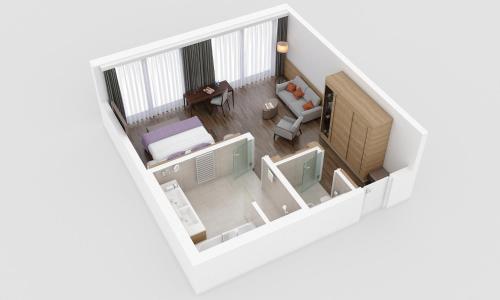 an overhead view of a small apartment with a bedroom at IMLAUER HOTEL PITTER Salzburg in Salzburg
