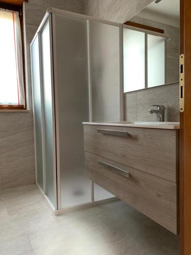 a bathroom with a shower and a sink and a mirror at Monolocale Campo Romano in Schio
