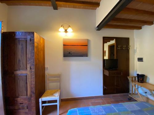 a room with a bedroom with a bed and a television at Agriturismo Tenuta Badia in Paciano