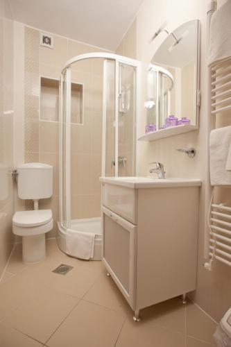 a bathroom with a sink and a shower and a toilet at Agava Apartments Begic in Makarska