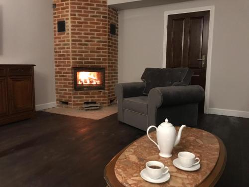 a living room with a couch and a fireplace at Srokowski Dwór 1 - Mazurski Dwór - 450m2 in Srokowo