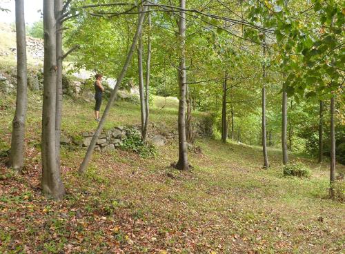 a man walking down a path in the woods at Maison 4 soleil. Casa design luce e natura in Crodo