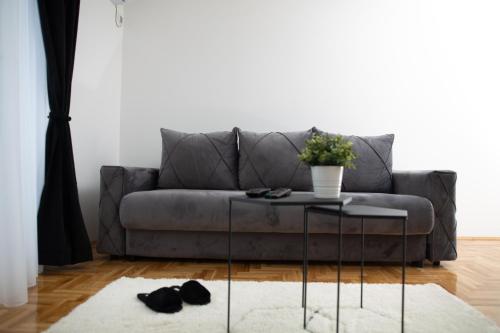 a living room with a couch and a table at Cozy Apartment Plus in Novi Sad