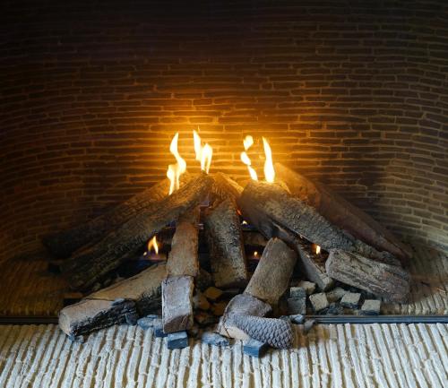 a brick oven with a fire in it at B&B Domaine du Vieux Chêne in Stoumont