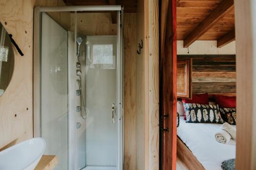 Anguciana的住宿－Bonita cabaña de los arboles en La Rioja , Durmiendo entre arboles，一间带步入式淋浴间的浴室,位于床边