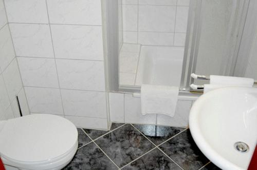 a white toilet sitting in a bathroom next to a sink at Hotel Rubin in Düsseldorf
