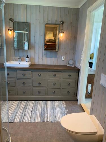 uma casa de banho com um lavatório e um espelho em The Gingerbread House em Lillehammer
