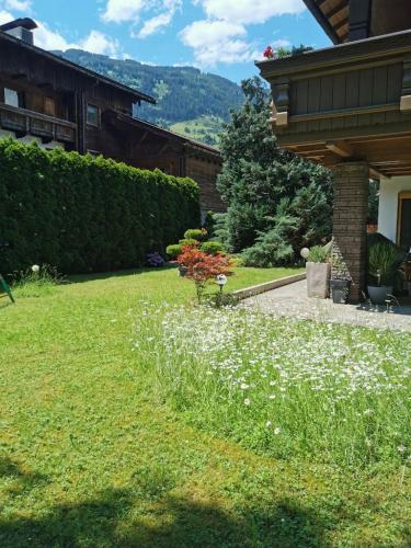 a yard with white flowers in the grass at Appartements Told Elisabeth in Fügen