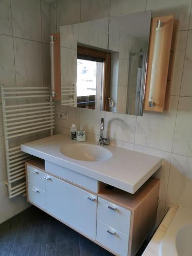 a bathroom with a sink and a mirror at Appartements Told Elisabeth in Fügen