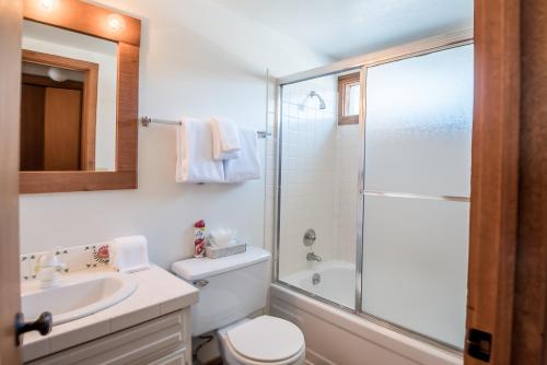 y baño con aseo, lavabo y ducha. en Alpine Villa 21 - Perfect for a Couple or Family of Four Walk to Lifts & Town, en Ketchum