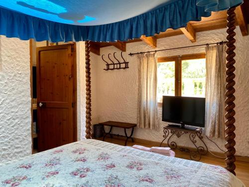 a bedroom with a bed with a blue ceiling and a tv at Finca Ses Fontanelles in Andratx